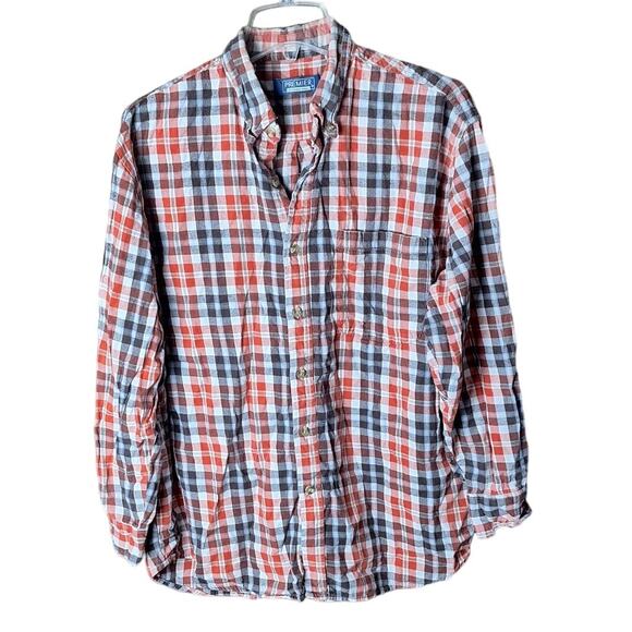 Premier international Orange & Brown Plaid Button Front Flannel Shirt Men's XL - Picture 1 of 4